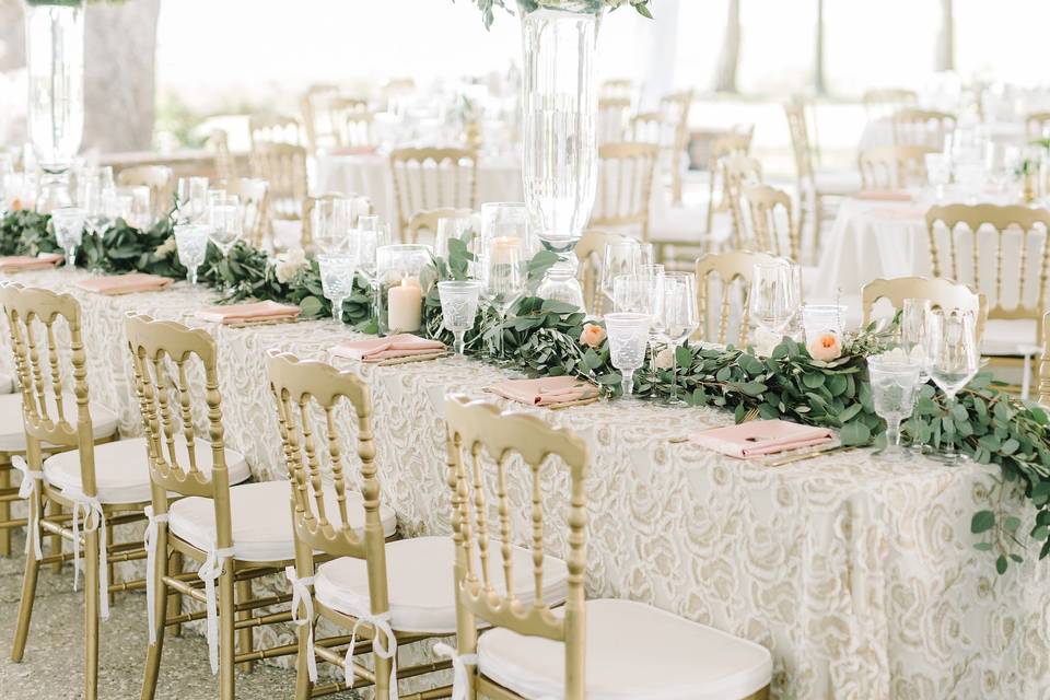 Banquet table seating with floral decor