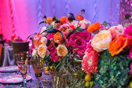 Long table setting with bouquet