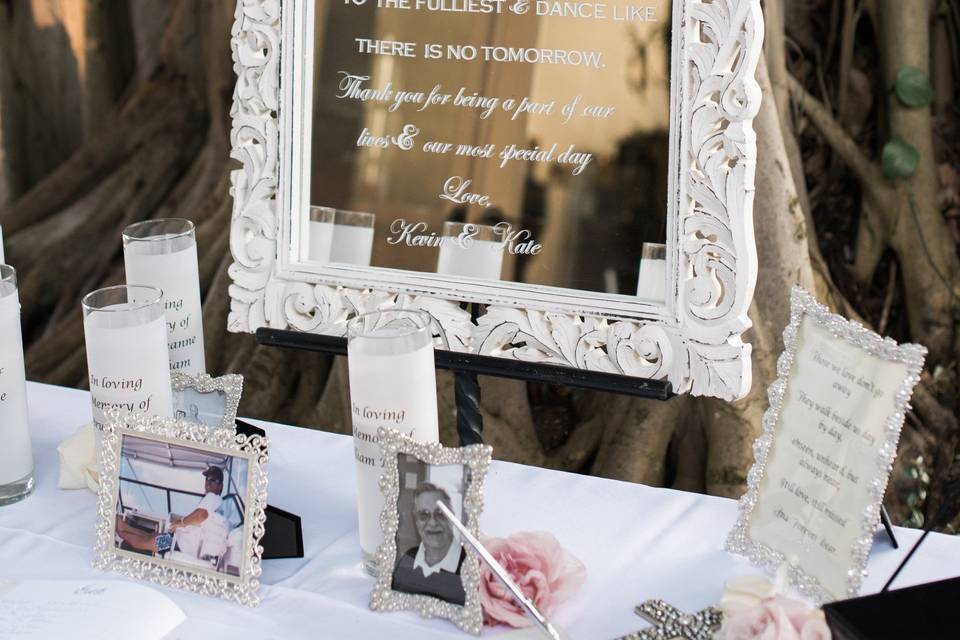 Sign-In Table with Memorial Photos and Thank You from Bride and Groom