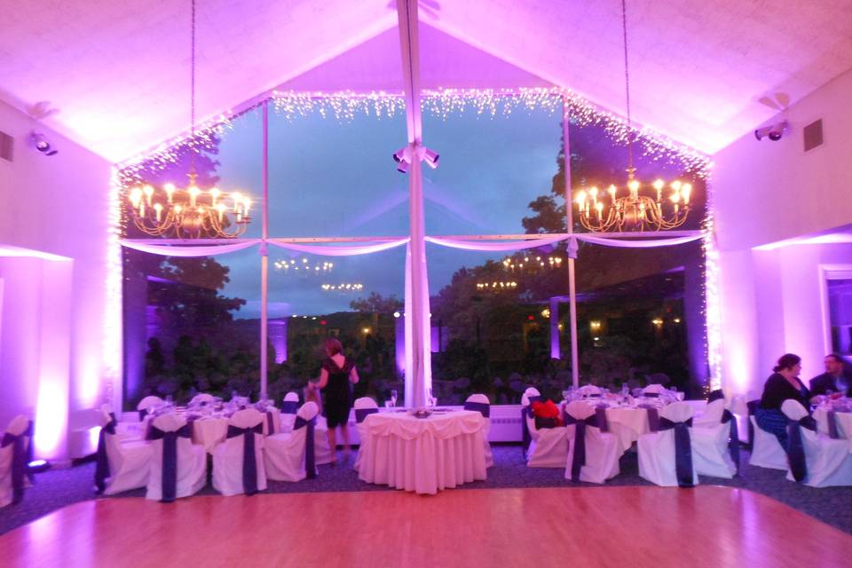 Reception area with pink lights