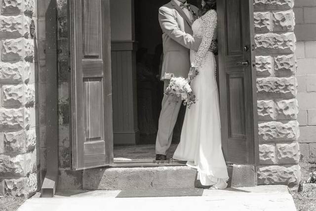 Newlyweds by the door