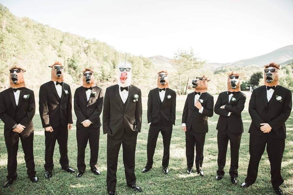 Groom and groomsmen in masks