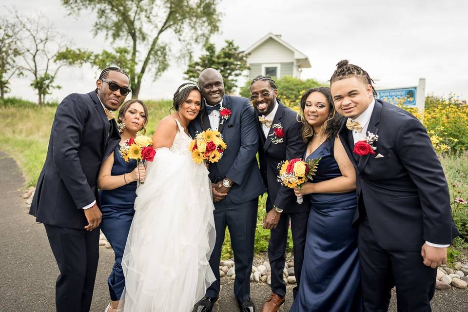 Bridal party laughing