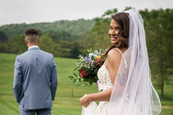 Bride looking at camera before