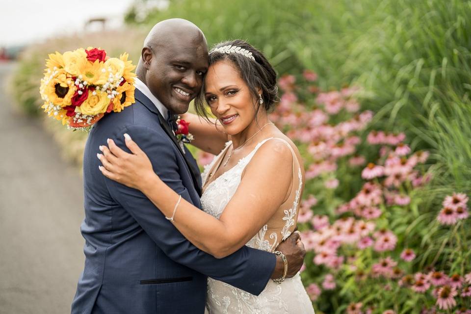 Bride and groom, looking at th