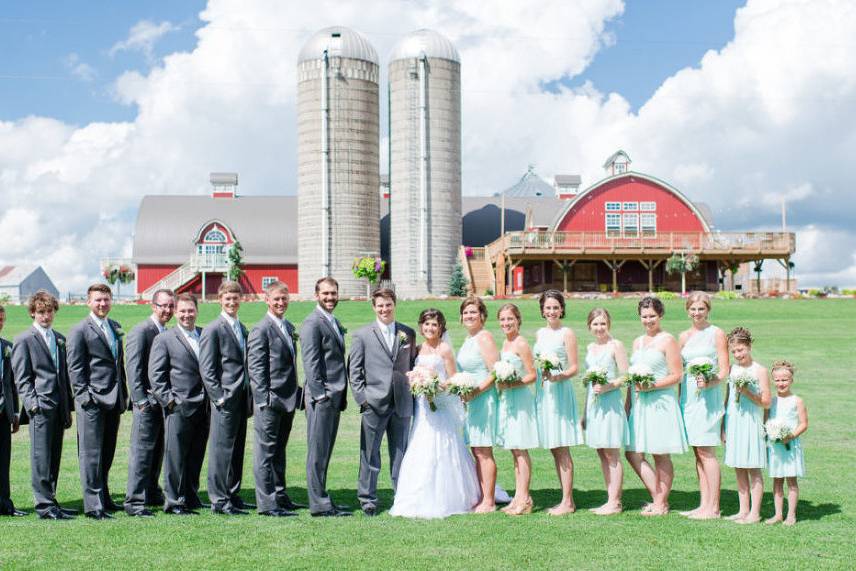 The couple with the bridesmaids and groomsmen