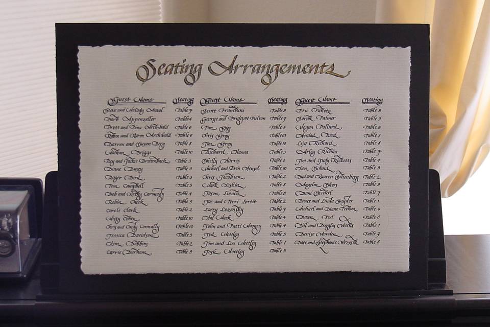 Seating chart calligraphy drawn on handmade paper from Italy with gold leafing added in the title.