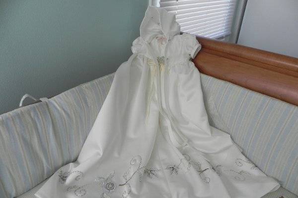 Custom christening outfit for baby girl made from Mom's wedding gown.