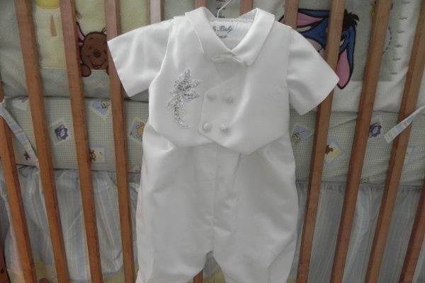 Custom christening outfit for baby boy made from Mom's wedding gown.