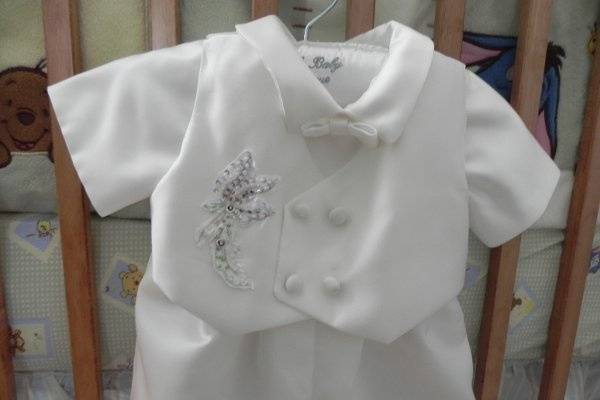 Custom christening outfit for baby boy made from Mom's wedding gown.