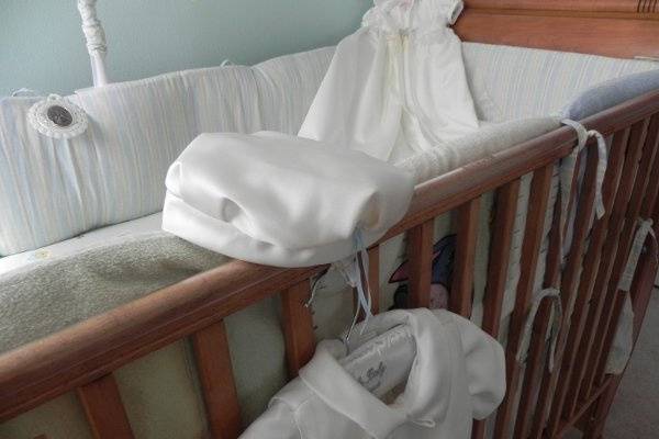 Custom christening outfit  with cap for baby boy made from Mom's wedding gown.