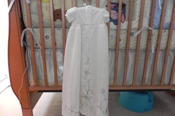 Custom christening outfit for baby girl made from Mom's wedding gown.