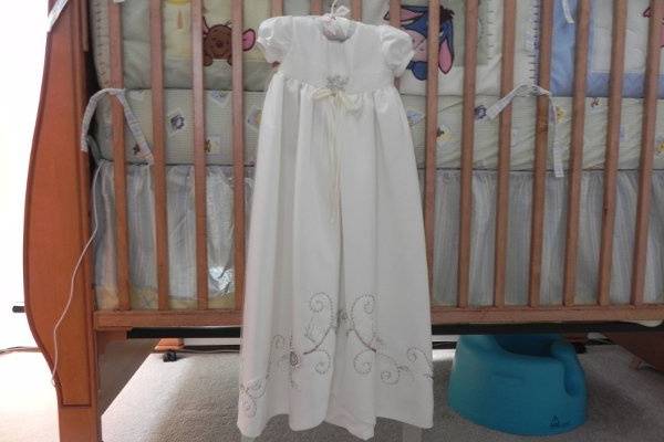 Custom christening outfit for baby girl made from Mom's wedding gown.