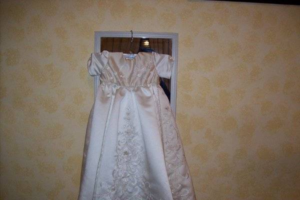 Custom christening outfit for baby girl made from Mom's wedding gown.