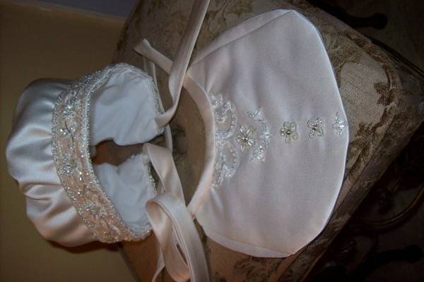 Custome christening bonnet with bib for baby girl.