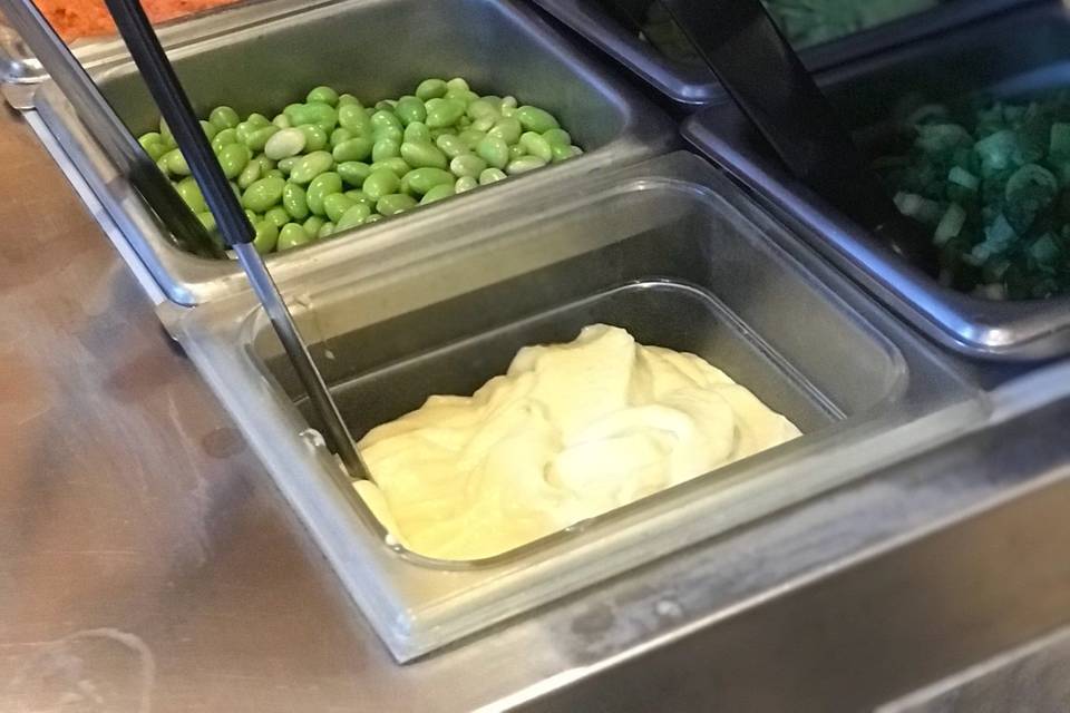 Poke bowl bar set up (shrimp, spicy tuna, avocado, edamame, green onions, wasabi, mayo, cucumbers, seaweed salad and lots of other sauces