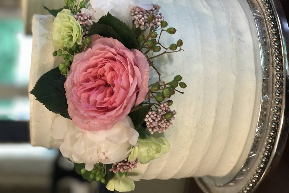 Bridal shower cake with fresh flowers for a shower at the Copper Door in Bedford, NH