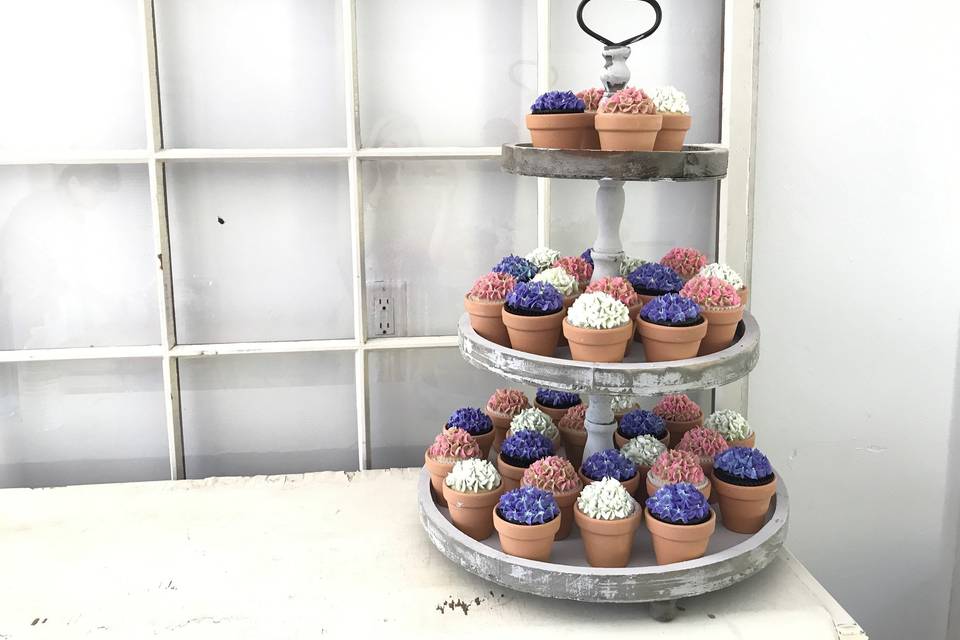 Hydrangea cupcake display for bridal shower at the Gardens at Uncanoonuc in Goffstown, NH.