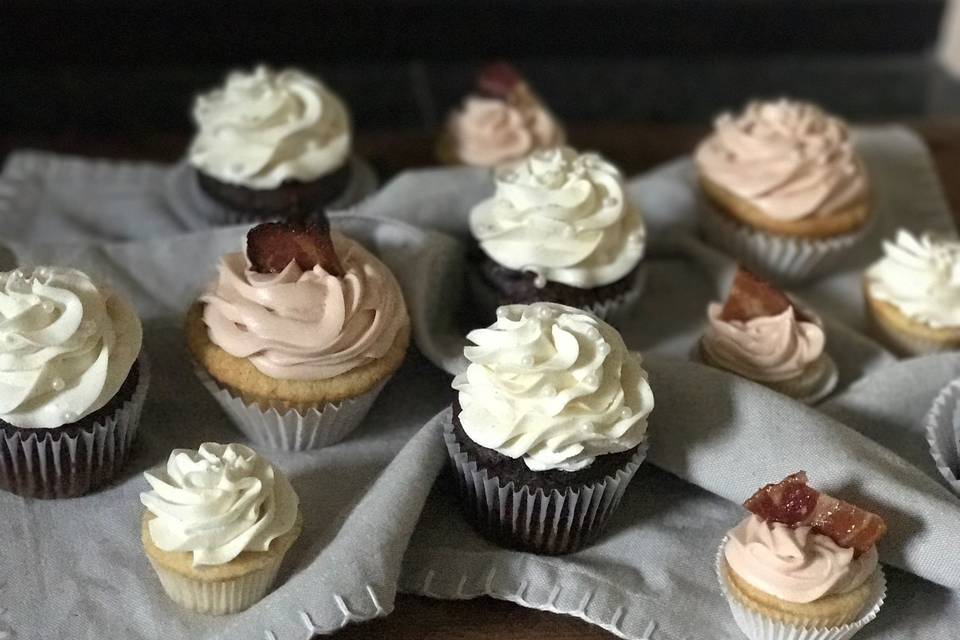 Bridal shower cupcakes.  Gluten free chocolate and maple bacon with candied bacon decoration.