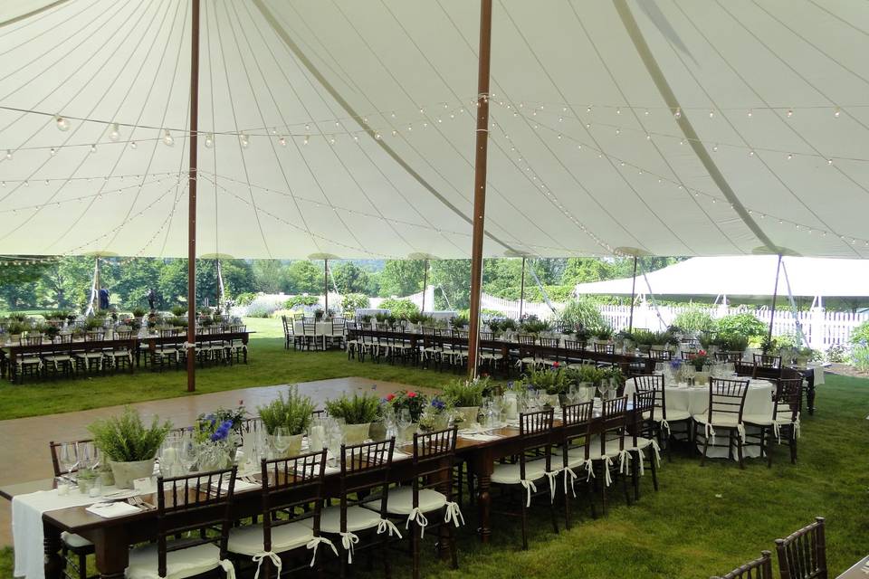 Fruitwood Chrivari w/ Farm tables under sail cloth tent