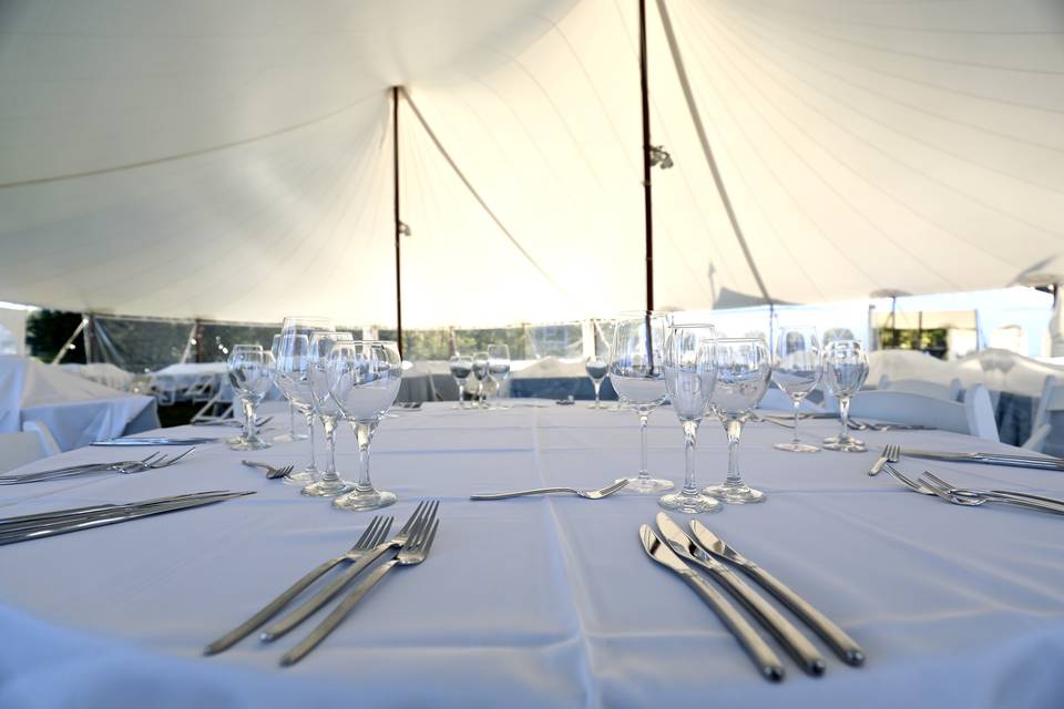 Sail tent and our crystal wine glasses and vogue and/or antique flatware