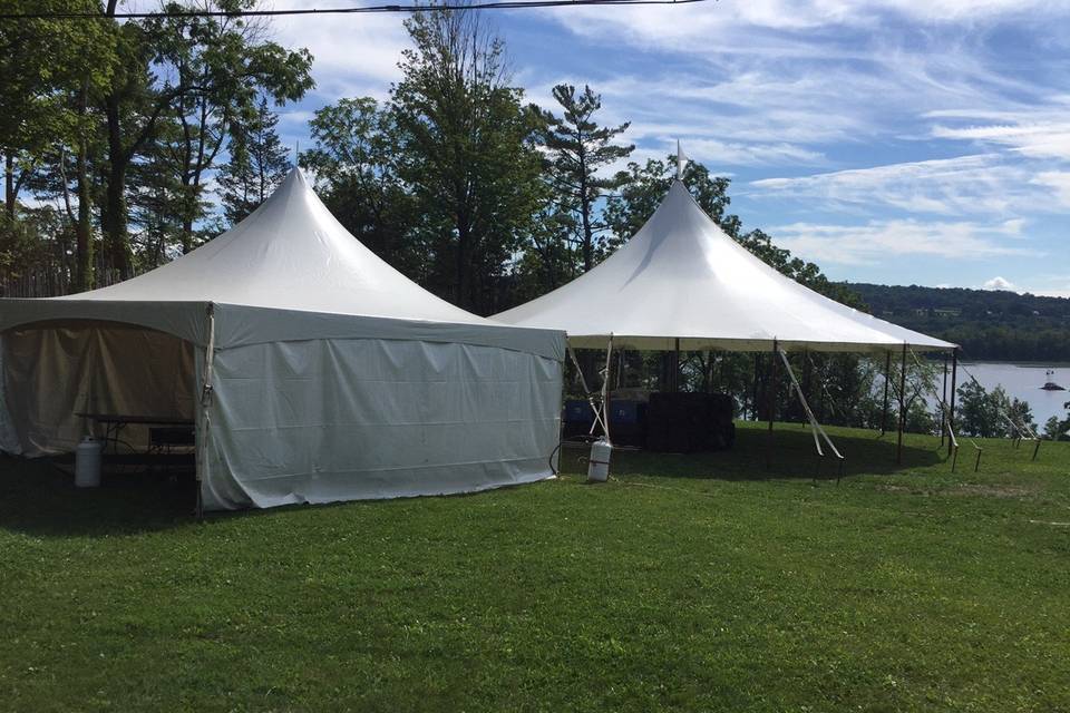 44x43 stillwater sail tent with 20x20 high peak cook tent at shakespeare on the hudson