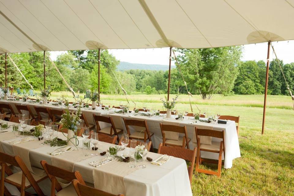 Banquet tables and natural woods.