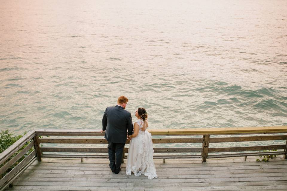 Lake front bride and groom