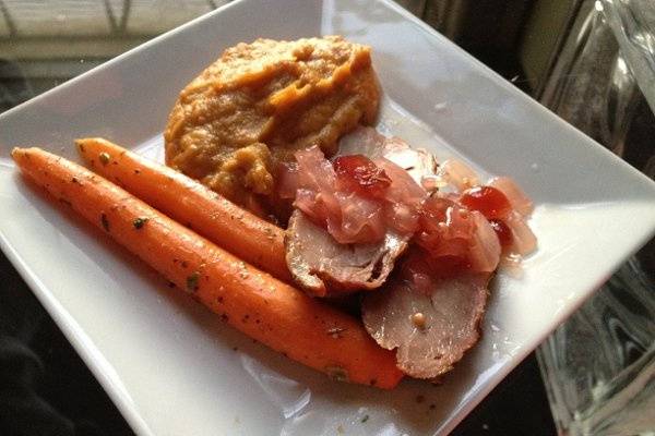 Mini Plates - Roasted Pork Loin with a Cranberry Compote, Mashed Sweet Potatoes and Baby Herb Carrots