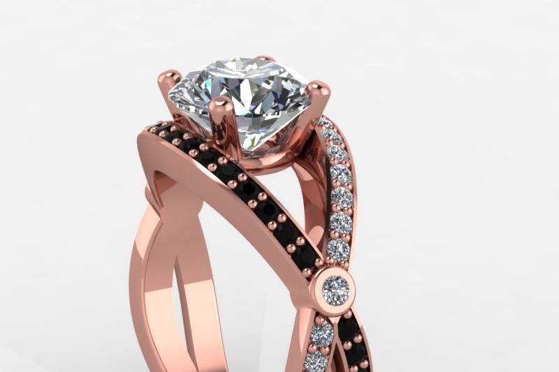 rose gold engagement ring with black and white diamonds.