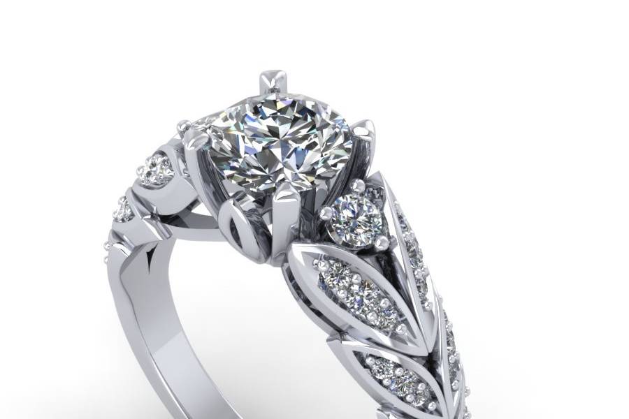 white gold diamond engagement ring, with moissanite center.