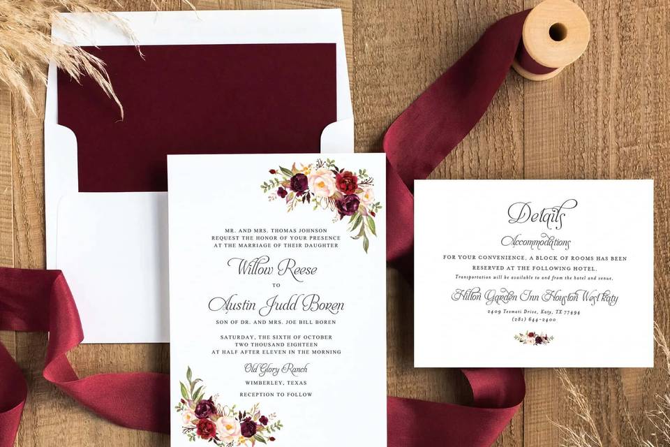 Maroon Floral Invitation Suite