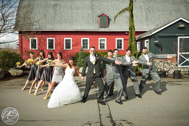 The couple with the bridesmaids and groomsmen