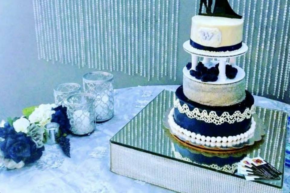 Three tier navy & white cake