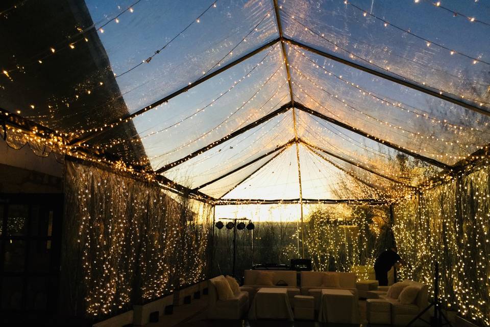 Clear tent on sunset patio