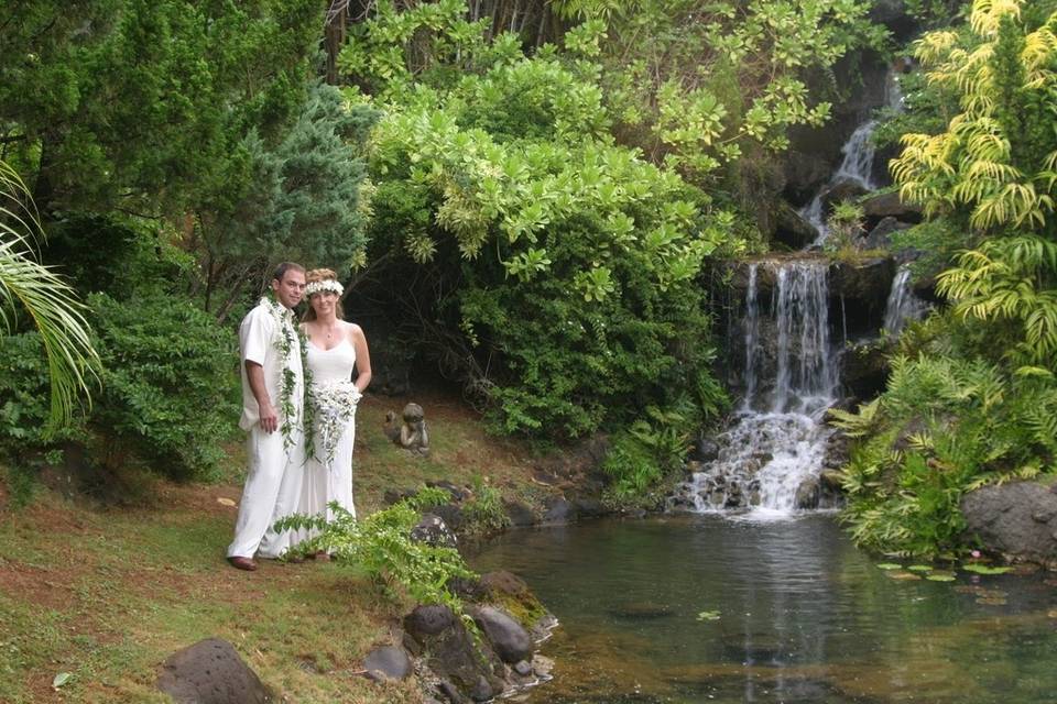 Newlyweds by the waterfall