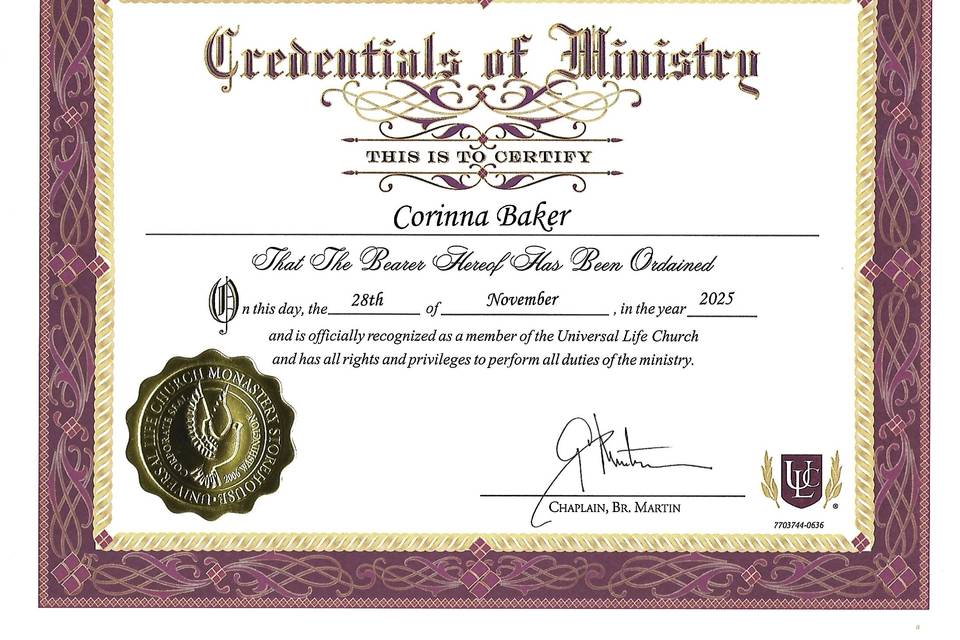Certificate of Ordination