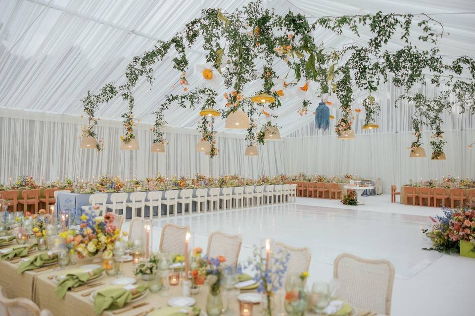 Chiffon tent floral install