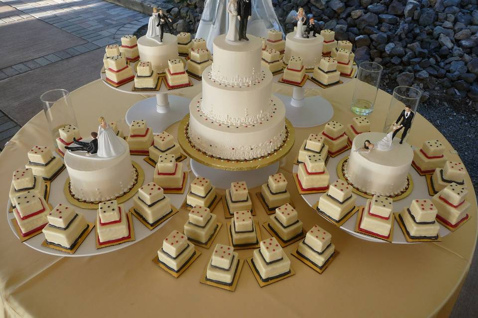 cakes are 100% buttercream iced, petit fours are dipped in white chocolate