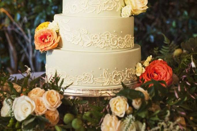 White wedding cake with dainty flowers