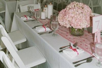 Tented wedding reception at private home in Beach Haven NJ. Hydrangea centerpieces, pink themed.