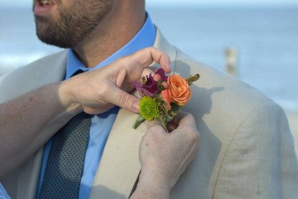 Mixed summer boutonniere - Beach Wedding, Beach Haven NJ. Purple Dendrobium, green button mum, orange rose.