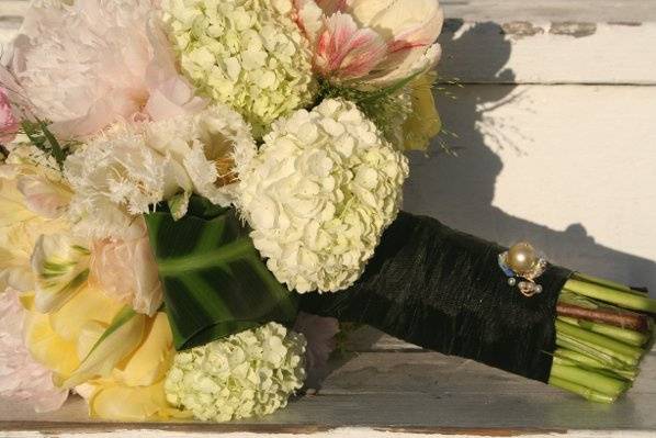 hydrangea, viburnum, peonies, tulips, pearl and crystal studded wrap