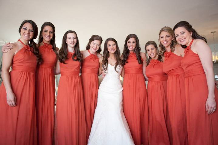 Bridesmaids in red