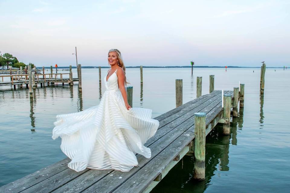 Lacey twirling on dock