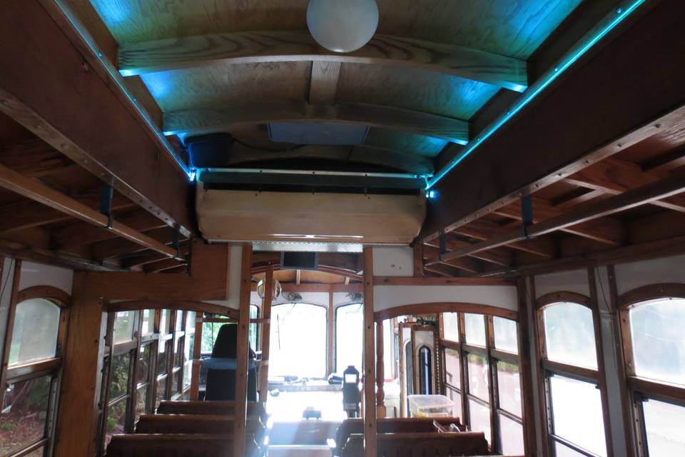 Trolley interior up lighting for setting the right tone for your wedding or rehearsal events.