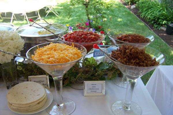Summer Engagement BrunchBreakfast Burrito Bar Featuring Scrambled Eggs, Bacon, Salsa, Cheddar-Jack Shredded Cheese and White Tortillas
