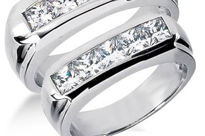 This impeccably designed Diamond Wedding Bands Set includes two beautiful rings made of 14k white gold along with stunning hand-picked diamonds. Each ring is set with five brilliant princess cut diamonds weighing a total of approximately 1.00 ct with a silky smooth comfort fit interior.