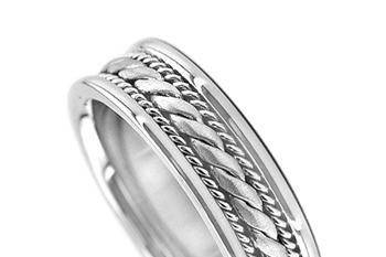 14k white gold handmade wedding band with satin finish and a wave-shaped woven design going all around the center with high polish edges.