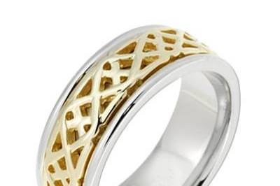 Unique handmade two tone (rose and yellow gold) wedding band with braided design in the center and shiny finish on the edges and comfort fit interior.